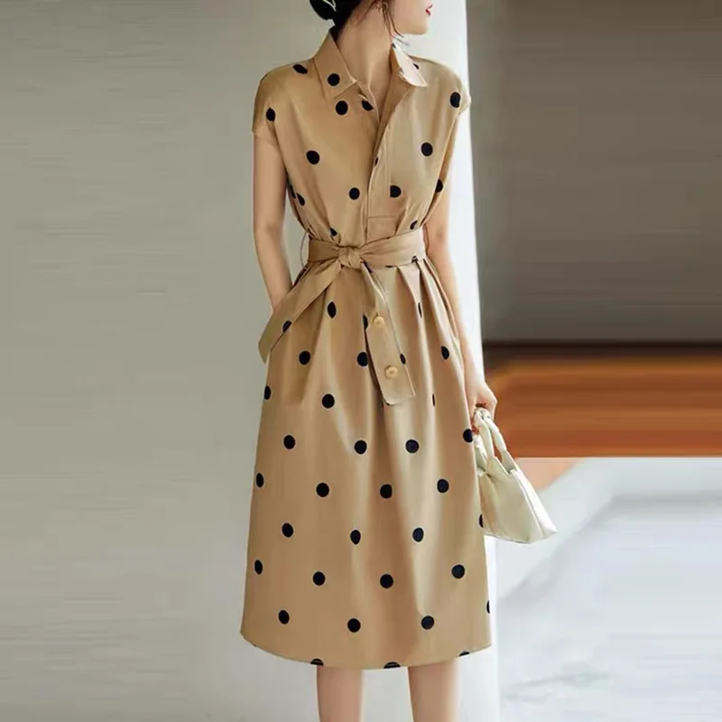 Women Polka Dot Shirt Dress Print Fashion Retro Drapey Stand Collar Cotton Commuter Style Khaki Short Sleeves POLO Collar Belt