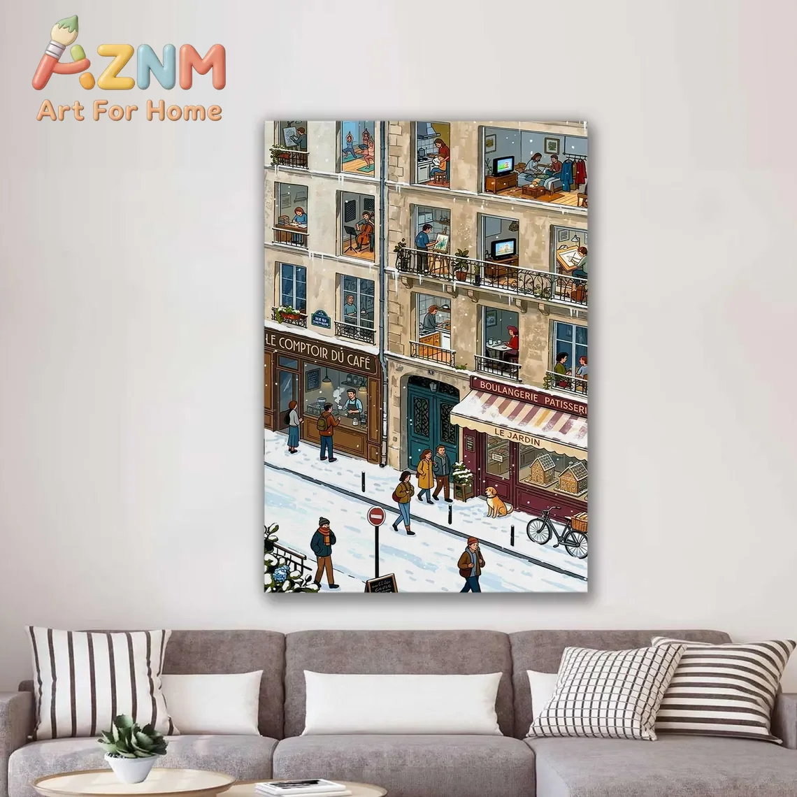 Snowy Paris Street Canvas Wall Art, Cozy Winter Apartment Illustration, French Café Cityscape Poster