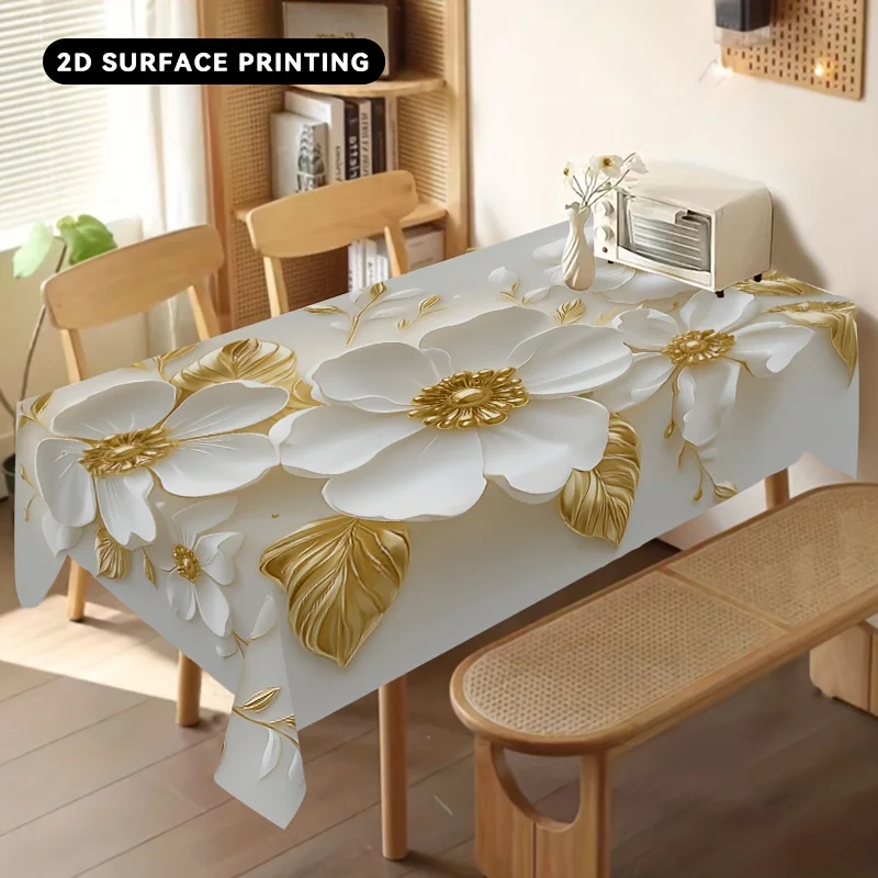 Flat-printed 1 piece of elegant gold-white floral tablecloth. Luxurious polyester rectangular design.