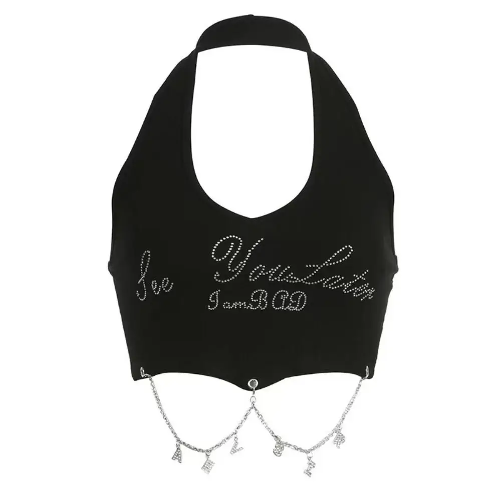 New with chest pad Hanging Neck Vest Short Open Back Sleeveless Camisole Metal Chain Casual Tank Top Women