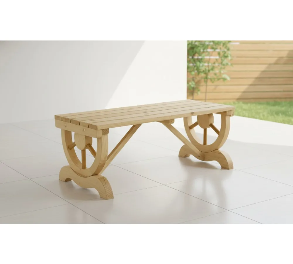 

Rustic Wooden Garden Bench with Wagon Wheel Design, 2-Person Outdoor Patio Furniture, Supports 550 LBS