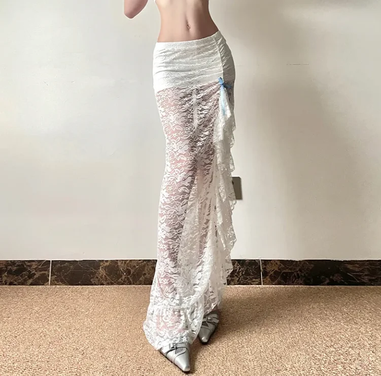 Vestido Sexy para chica caliente para mujer, falda con abertura de encaje de malla con temperamento, falda larga informal dulce para vacaciones en la playa, primavera y verano, 2025
