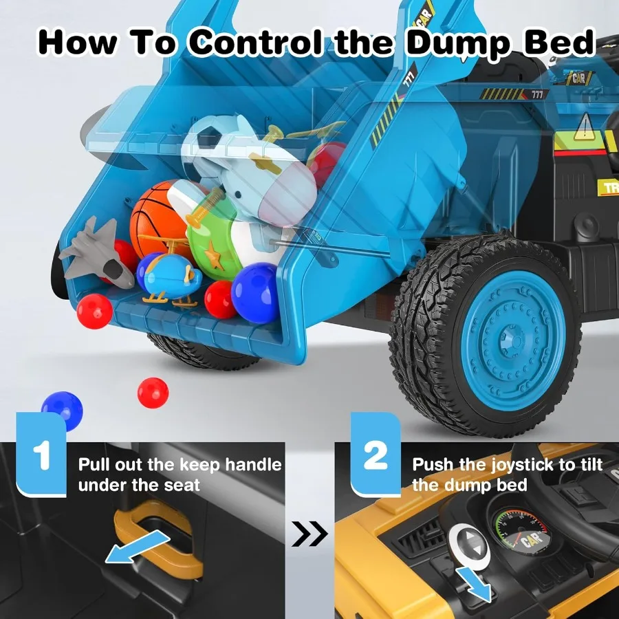 Camión volquete de 24 V, motores potentes de 2 x 75 W, hasta 4,4 mph, neumáticos EVA, vehículo de construcción con cama volquete eléctrica y pala adicional