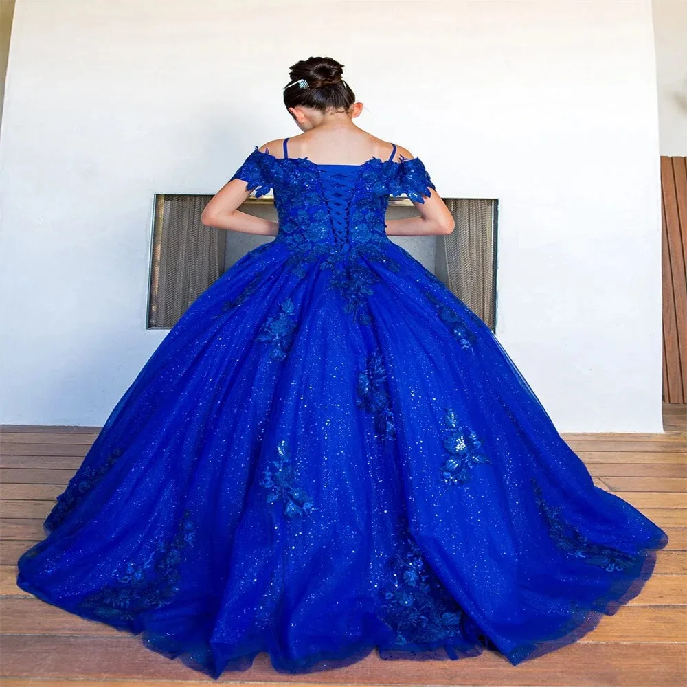 Royal Blue Flower Girl Dresses for Wedding Lace Appliques Sequins Girl Kids Birthday Party First Communion Gown Customized