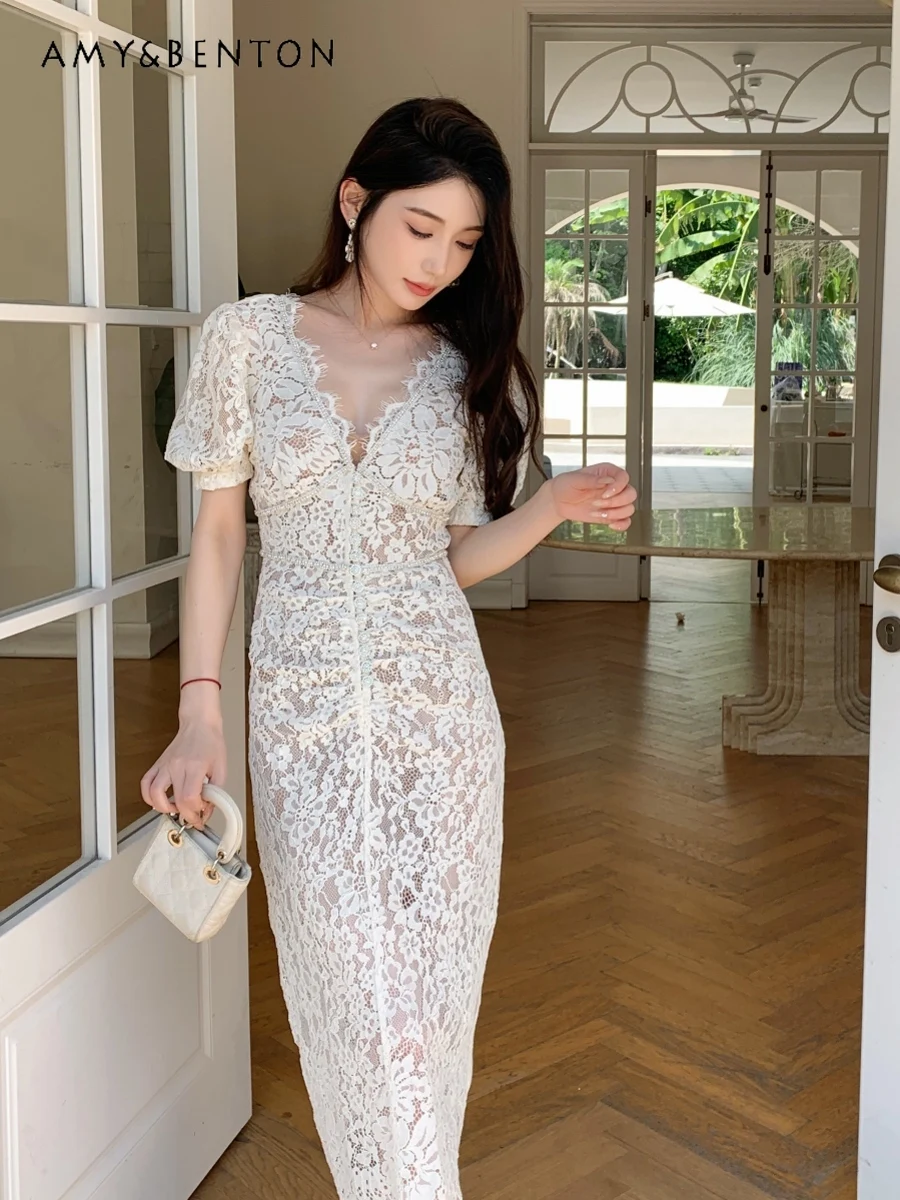 

French Temperament Lace Slim Mid-Length Dress Elegant Graceful High Waist Slim Short Sleeve Dress for Women Sexy A-line Dresses