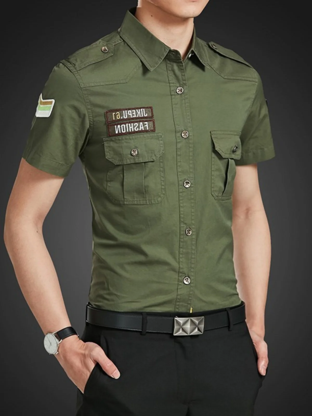 

Мужская хлопковая рубашка Slim Fit с коротким рукавом в стиле милитари, повседневная рубашка больших размеров, удобная дышащая летняя рубашка