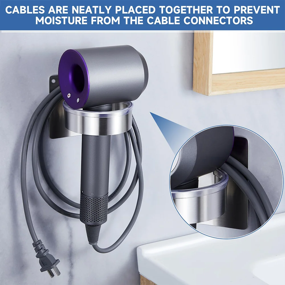 Black/Silver Aluminum Wall Mounted Self-Adhesive Hair Dryer Rack Bathroom Hair Straightener Storage Holder Hair Tool Organizer view 5
