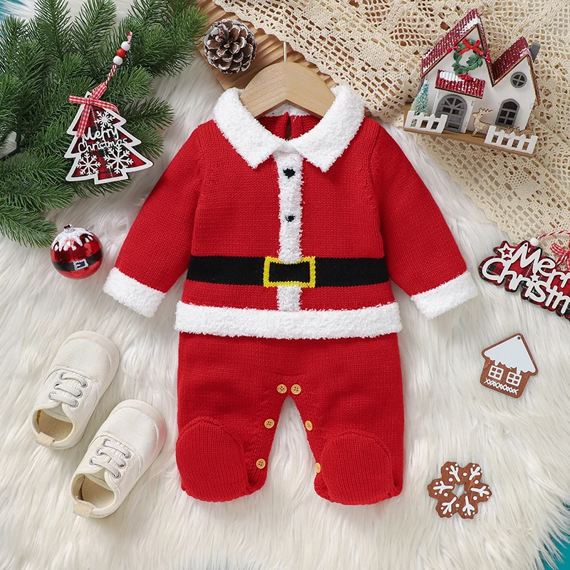 Christmas Baby Romper Knit Newborn Xmas Clothes 0-9M Fashion Santa Claus Outfit Infant Girls Boys Jumpsuit Long Sleeve Foot Wrap