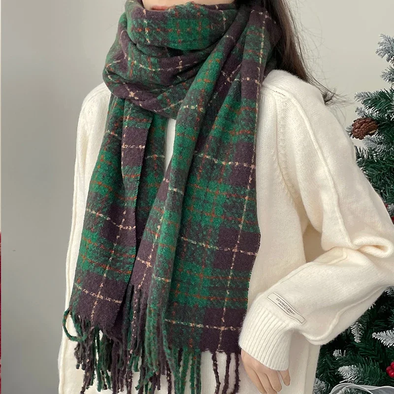 Women\'s Vintage Cashmere Tassel Scarf Plaid Winter Korean Thick Warm Long Shawl Neck Christmas Gift Fashion Accessories