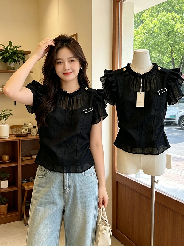 

Black Bubble Sleeve Shirt Women's Commute Style Korean Loose Fit Breathable Short Sleeve round Neck Pure Color Top