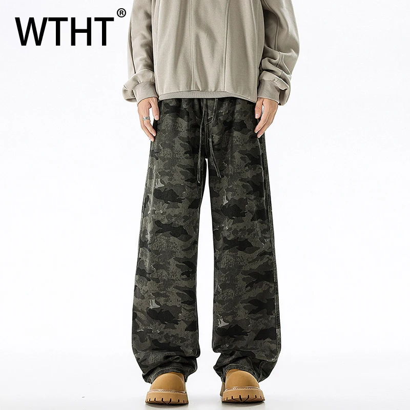 

WTHT винтажные мужские камуфляжные прямые уличные джинсовые брюки с рисунком, модные повседневные джинсы с эластичной резинкой на талии, мужские джинсы, зима 202, 2A2542