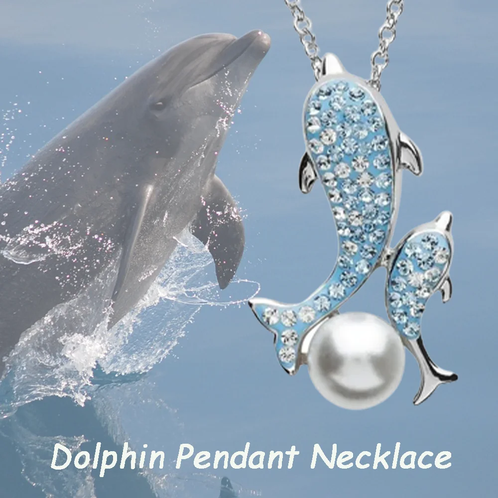 Beautiful and stylish diamond-encrusted dolphin imitation pearl pendant necklace, perfect Christmas gift for girls and women