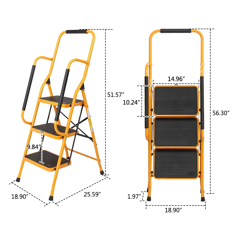 Taburete plegable de 3 escalones, escalera de 3 escalones con Pedal ancho antideslizante y práctico Handgrip-330lbs de hierro resistente