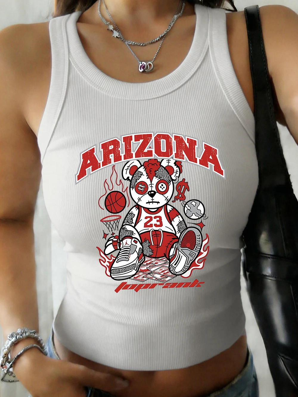 Canotta Estiva da Donna in Cotone con Stampa Orso Maverick, Senza Maniche, Aderente, Casual, Morbida, con Collo a O