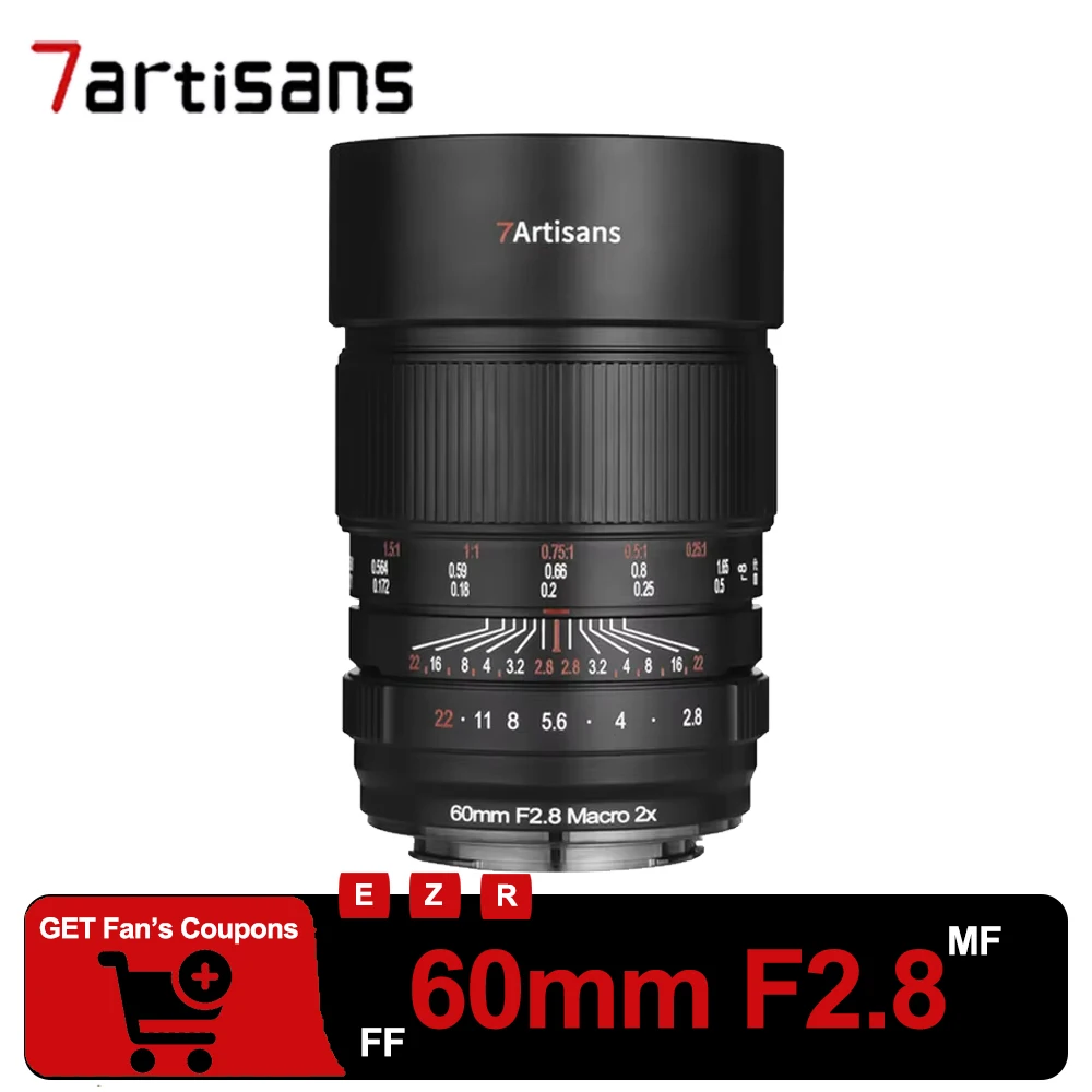 

7Artisans 60mm F2.8 Macro 2X Full Frame Macro Lens 2:1 Magnificaiton Ratio MF Prime Lens for Sony FS7 A6400 Nikon Z9 Canon R5