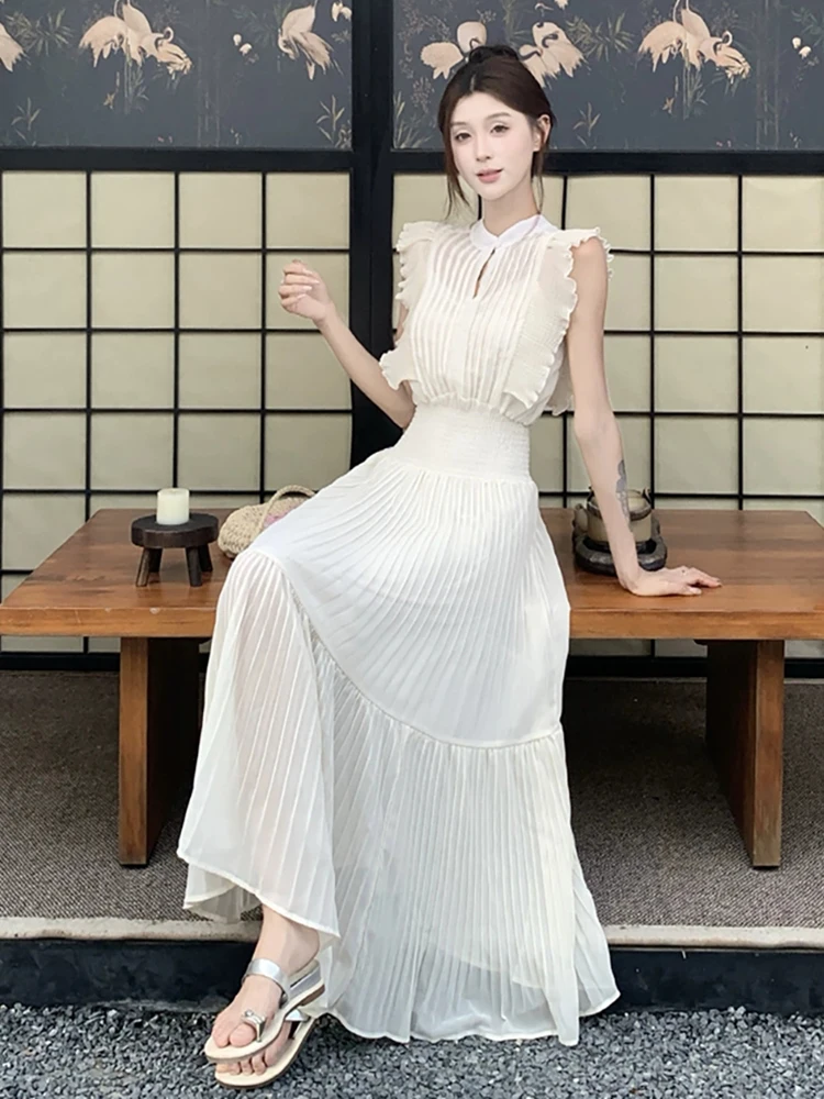 RORIRI Fairycore شير الشيفون فستان طويل المرأة الصلبة قطع يطير الأكمام ألف خط أنيقة مطوي فستان الكورية عطلة الملابس