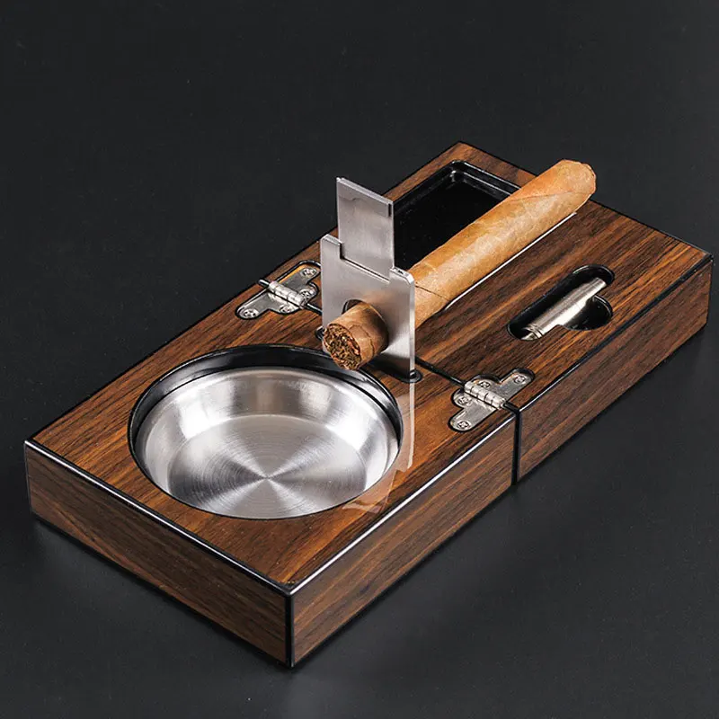 D2 Cigar Cigarette Ashtray Smoking Accessories Tool Walnut Wood Luxury Foldable Ash Tray Include Cigar Cutter Holder Hole Opener