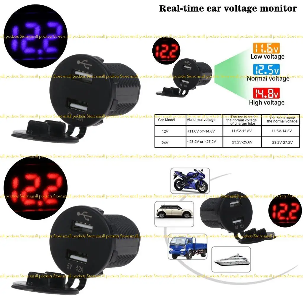 

R1WD 12V-24V Car Dual USB Ports with LED Voltmeter Car Socket for Car Boat Motorcycle Cigarette Lighte Sockets