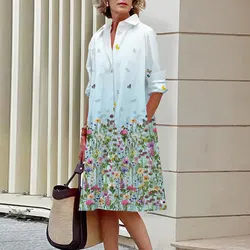 Spring and Summer Women's Dresses Fashion Lapel Printed Long Sleeve Shirt Street Shooting High Temperament New Traveling Gowns