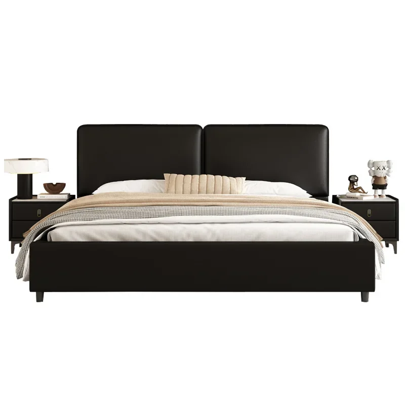 

Light luxury suspended cat scratching leather bed, simple steel and wood row skeleton double bed, square big black cow high box