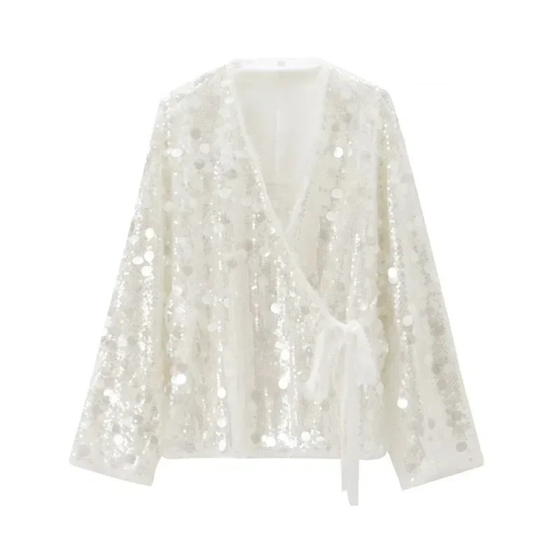 

TRAFZR Beige Jackets Women Summer 2024 Sequins loose jackets Elegant Luxury Women's Coat Fairycore V-Neck jacket Solid Coats