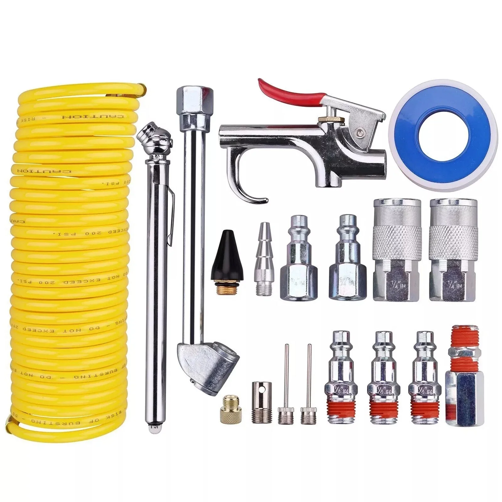 

20pcs Air Compressor Accessory Kits Nozzles Set 1/4in Male Thread Plugs Adapter 25Ft Recoil Hose Air Compressor Hose Tube Gun