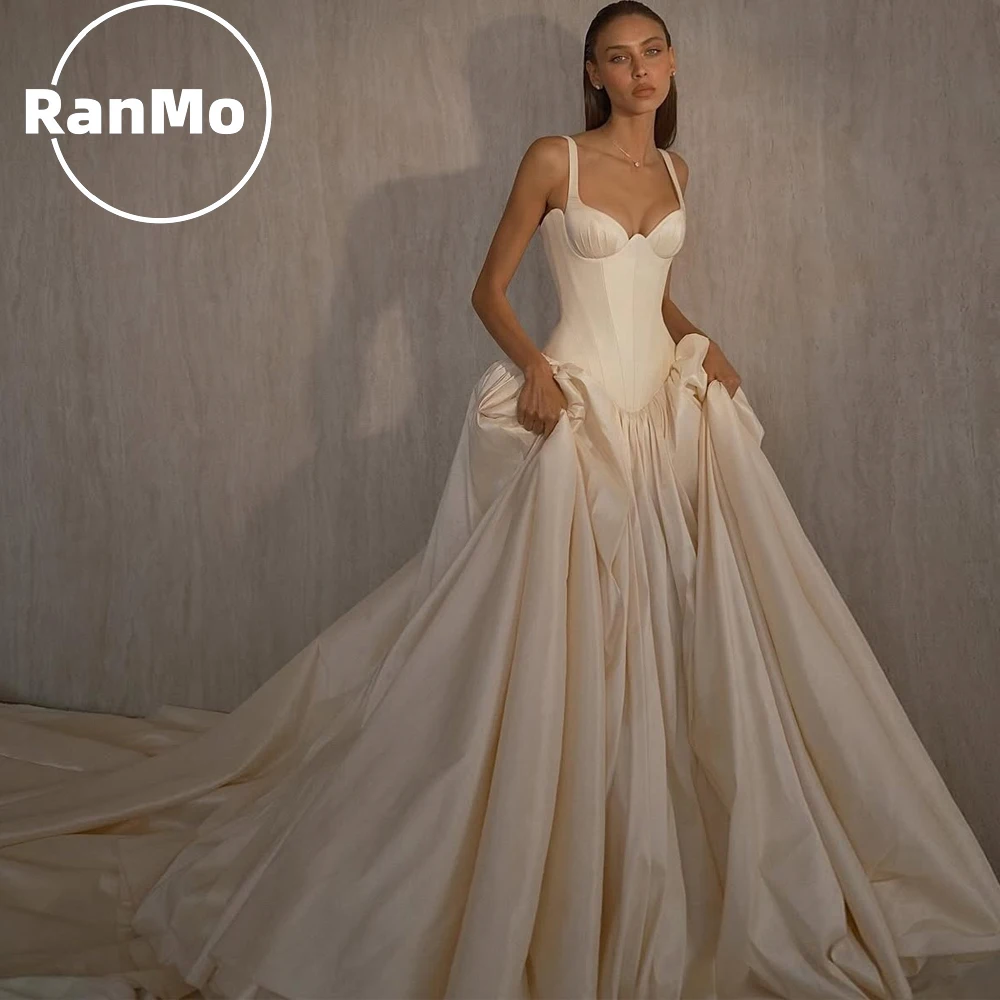 Ranmo Satin-Hochzeitskleid 2026, cremefarben, A-Linie, Brautkleider mit Spaghettiträgern, plissiert, bodenlang, maßgeschneidert, Vestidos De Novia