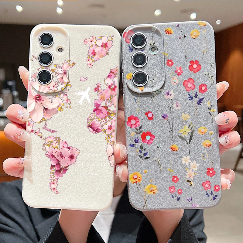 Rosa Blumen Bedruckte Silikon-Handyhülle für Samsung Galaxy A57 A56 A55 A37 A17 A36 A16 A15 5G A26 A25 A54 mit Leder-Textur