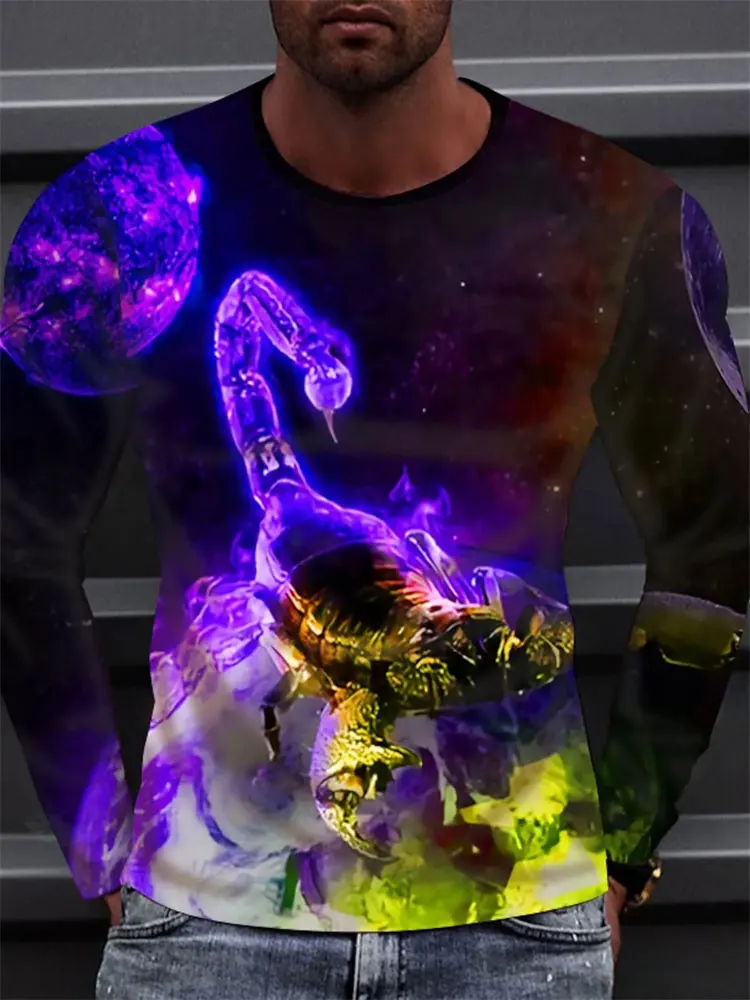 Men's Scorpion Long Sleeve T-Shirt 3D Cosmic Galaxy Graphic Tee Flame Glowing Animal Streetwear Casual Pullover Tops Gift