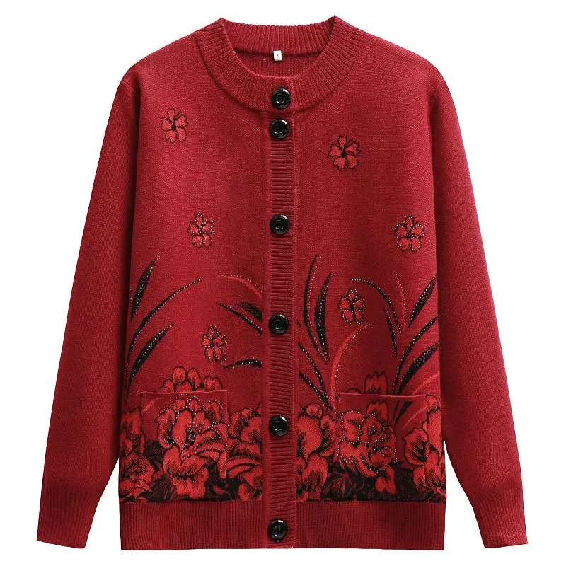 

Middle Age Mother Knitted Cardigan Sweater Coats Autumn Winter Women Knitwear Tops Female Winter Velvet Sweater 5XL W64