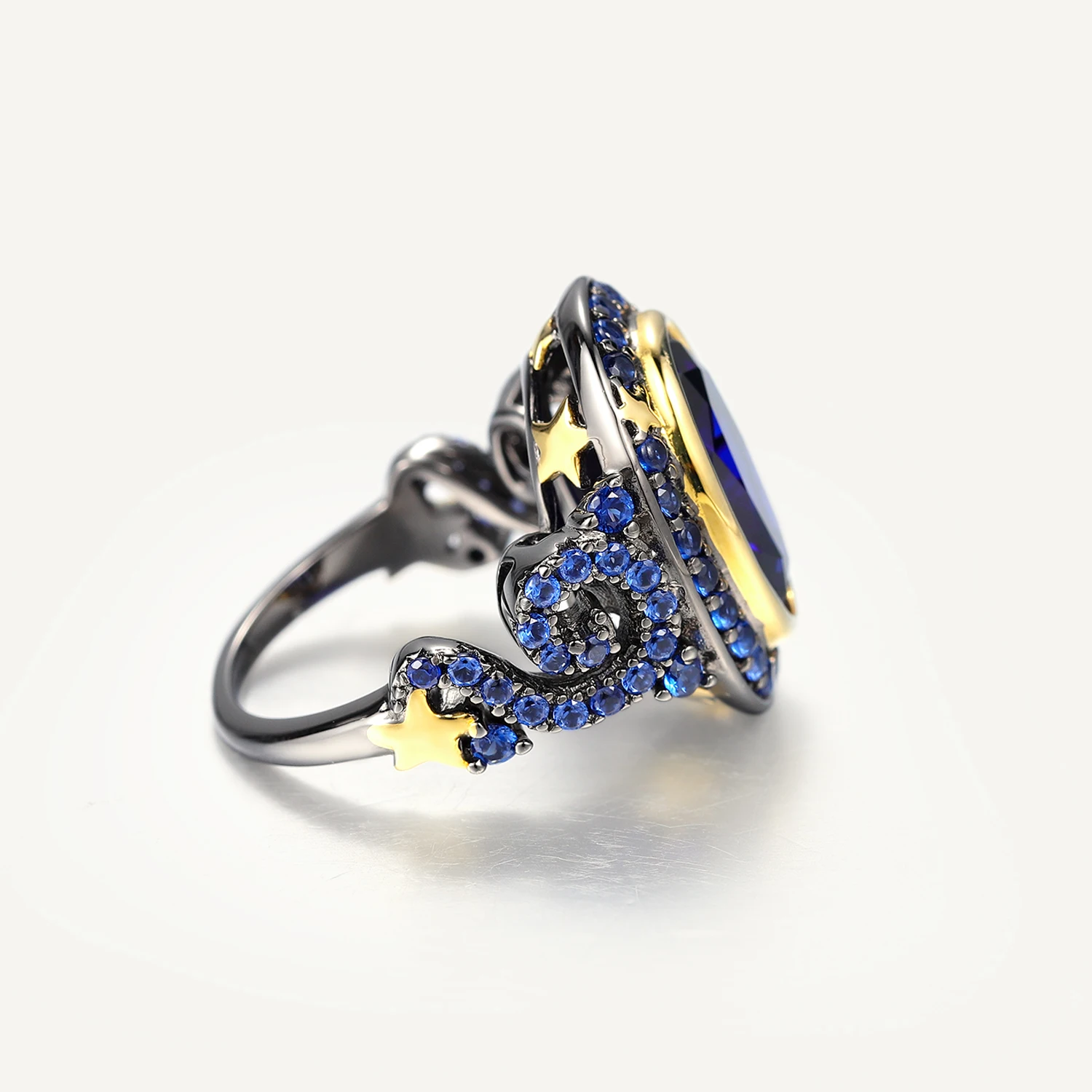 GEM\'S BALLET lab Blue Sapphire Vintage Ring 925 Sterling Silver Handmade Star Moon Element Ring for Women Fine Jewelry