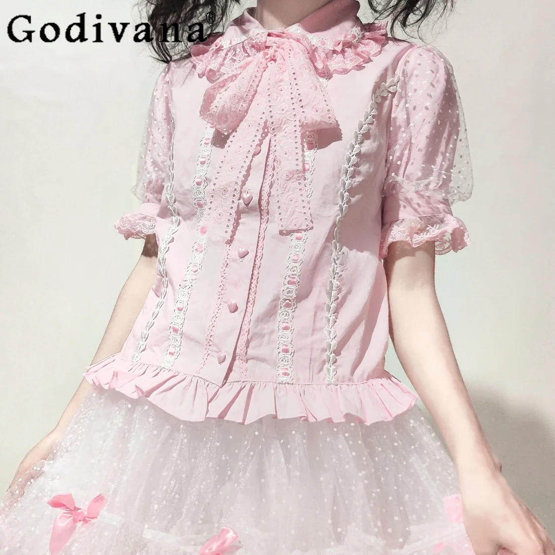 Japanese Lolita Inner Shirt Women Original Design Lace Bow Collar Pink Short Sleeve Cotton Top Girl Summer Sweet Kawaii Clothes