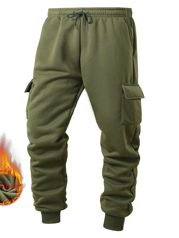 Thickened Fleece Autumn Winter Men's Work Pants Casual Trousers Outdoor Leisure Pants Elastic Waist Drawstring Polyester Fiber