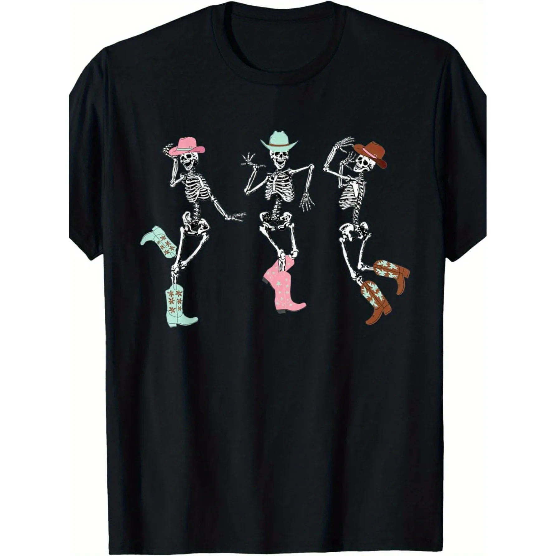 T-Shirt Featuring a Cowboy And Cowgirl Skeleton Dance, Perfect for Halloween And Christmas Parties, with a Design of Pink Boots