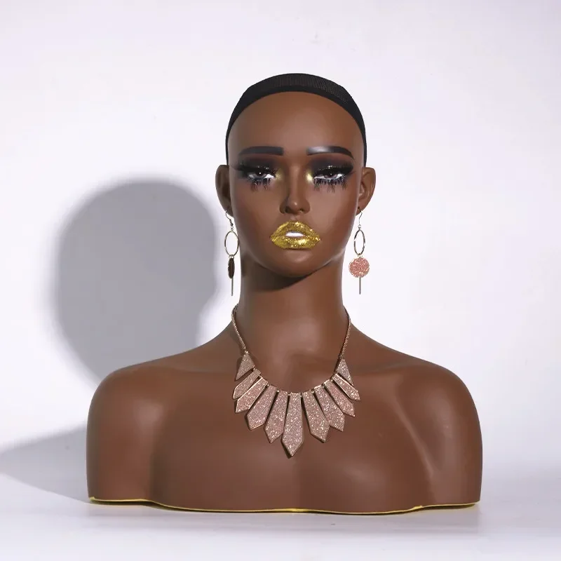 Cabeça de manequim feminina realista para peruca e chapéu Display, busto com ombro, afro-americano