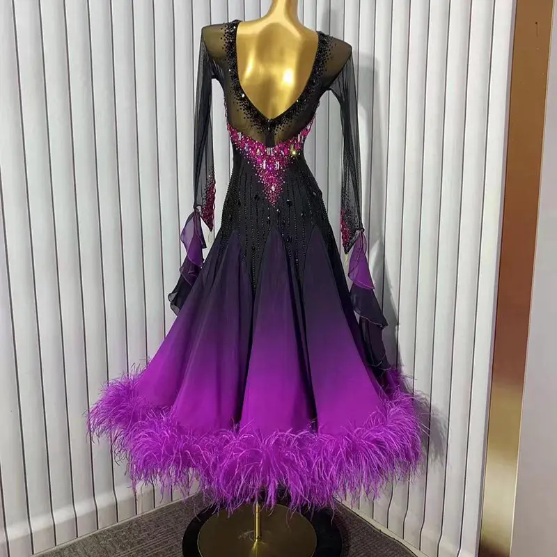 Black to Purple Gradient Ballroom Dance Dress with Rhinestone V-Neck Feather Hem & Flowy Sleeves for Competition