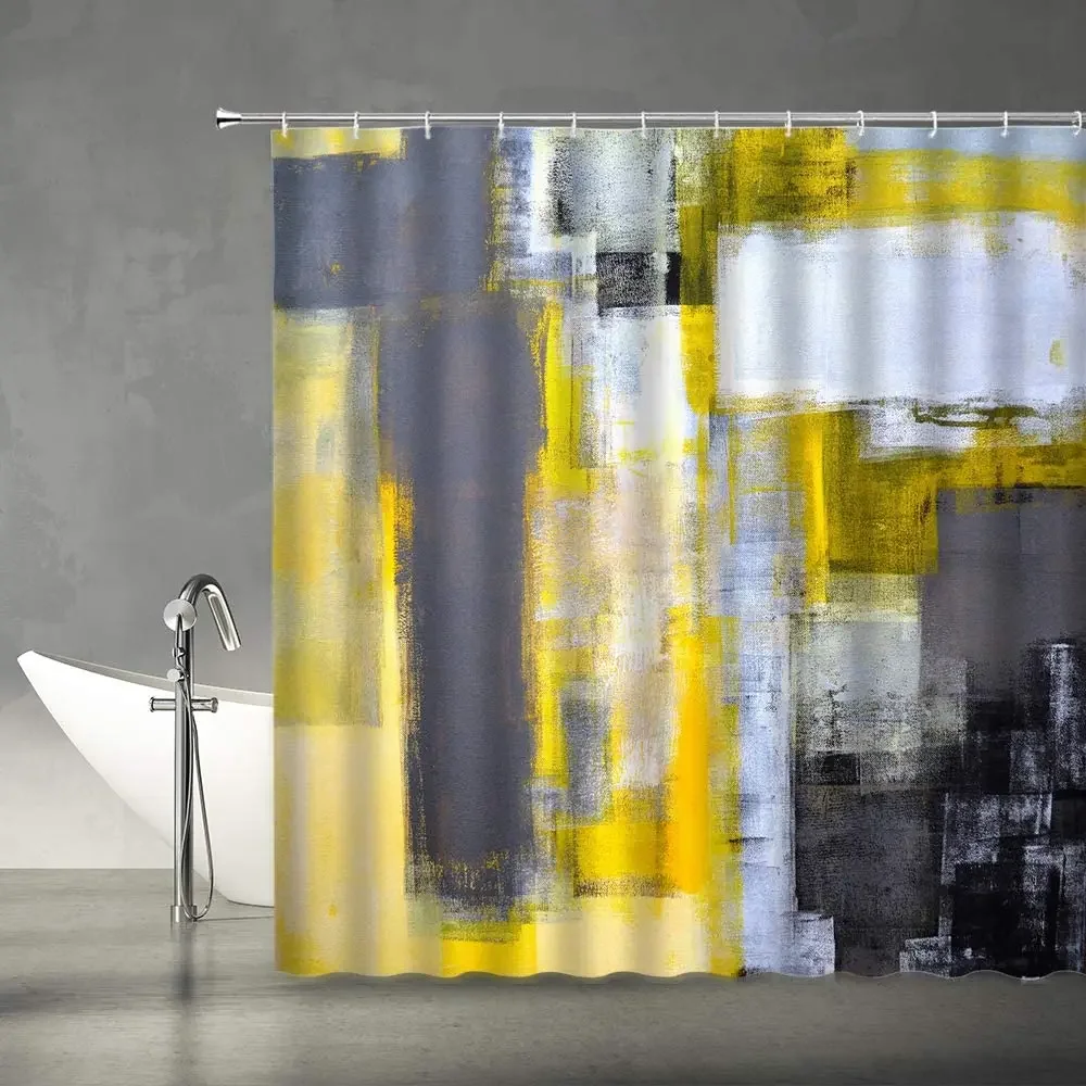 Gray and Yellow Shower Curtain Abstract Art Grunge Style Brushstrokes Oil Painting Ombre Design Modern Fabric Bathroom Decor Set