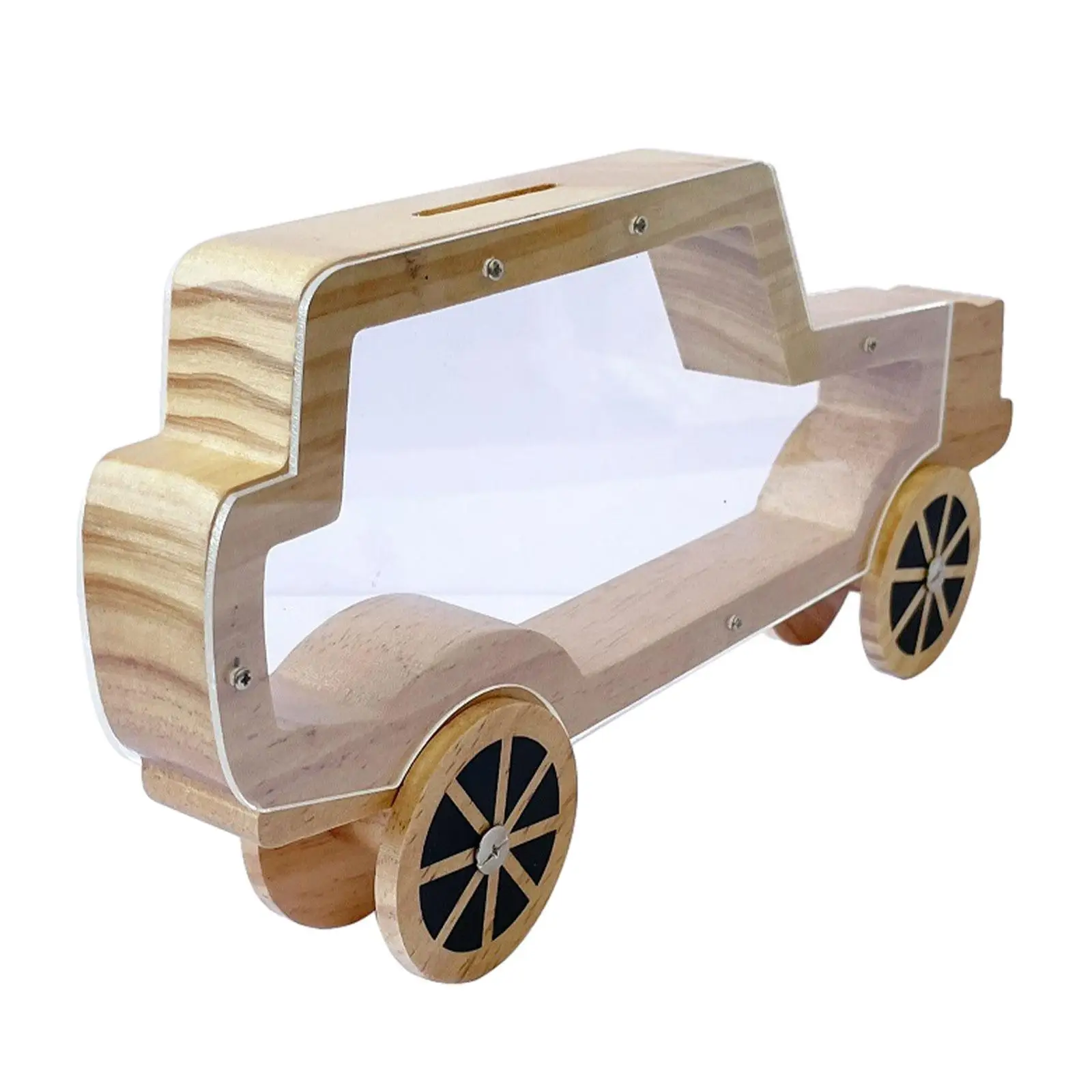 Wooden Car Shaped Piggy Bank Only Save, Cannot Be Taken Out Visible Unopenable Money Box Container for Adults Birthday Gift Kids