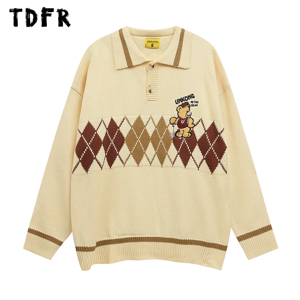 Rhombus Plaid Jacquard Sweater Mens Little Bear Embroidery Autumn Winter Loose Long Sleeve Lapel Knitted Pullover Men