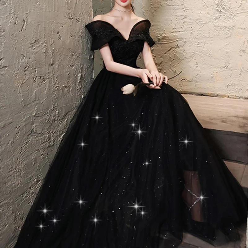 

shoulder black banquet temperament host niche light luxury art exam performance dress