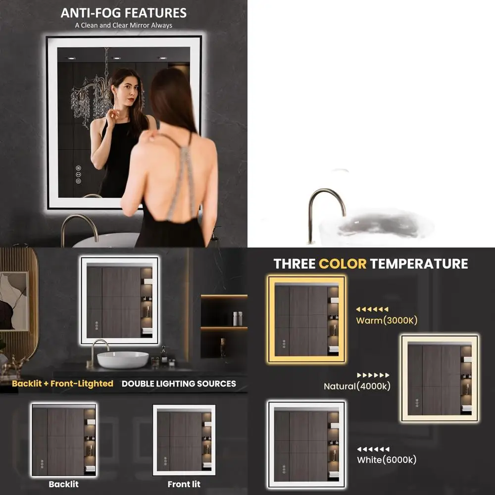 

Anti-Fog LED Bathroom Mirror with Black Frame, Dimmable Light, Tempered Glass, Wall-Mounted Vanity Mirror