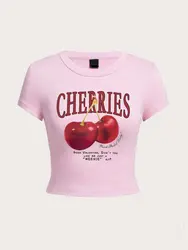 Harajuku Women's Crop Top Fresh Red Cherries Printing Tee Shirts Comfortable O-Neck Soft Streetwear Sexy Club Female Clothes