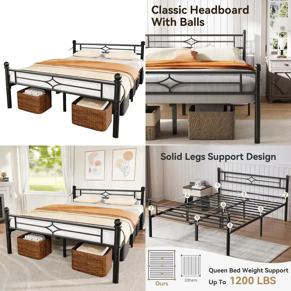 

Металлический каркас кровати размера «queen-size» с изголовьем, изножьем, опорой для платформы, местом для хранения под кроватью, без коробчатой пружины, простая сборка, черный