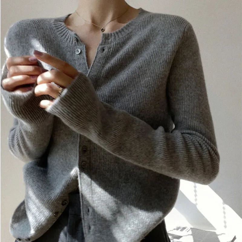 Deeptown-Cardigans en tricot gris à manches longues vintage pour femmes, chandails de style coréen, vêtements de bureau élégants, vêtements d'extérieur pour femmes