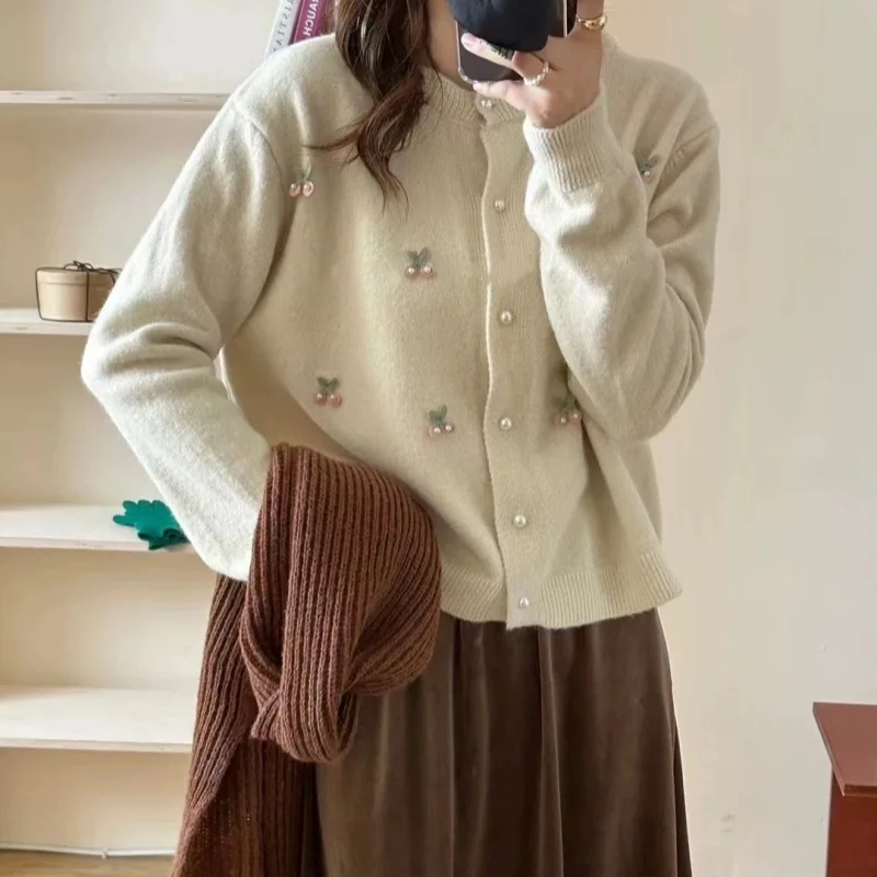 Korean Style Autumn/Winter Three-Dimensional Cherry Pearls Sweet Knitted Cardigan Round Neck Single Breasted Sweater Jacket