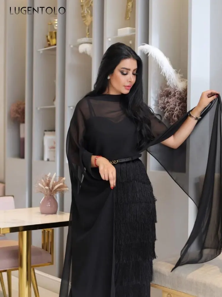 Lugentolo Women Party Tassel Dress Temperament High Waist Sexy Perspective Cloak Lady Slim Banquet Elegant Black Middle East