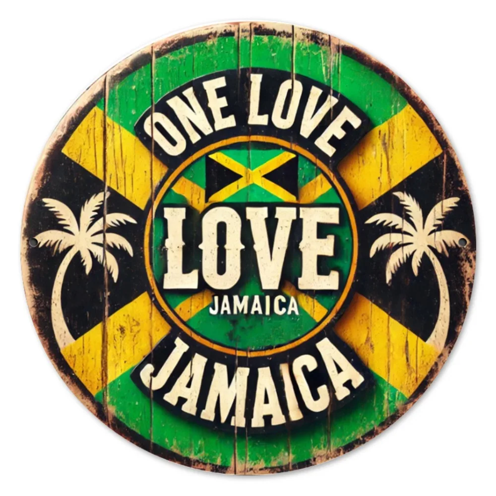 1pc vintage jamaica amor sinal de madeira-rústico verde & amarelo "um amor" com palmeiras, decoração de parede de jardim doméstico, presente jamaicano