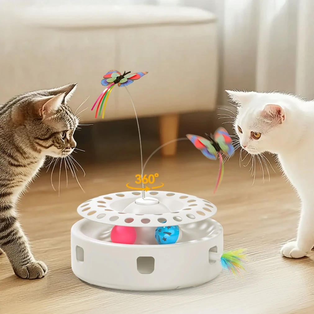 2025 Automatic Cat Toy 3 in 1 Electric Butterfly Teasing Toy Track Balls Ambush Feather Interactive Fun Pet Toy Set Cat Supply