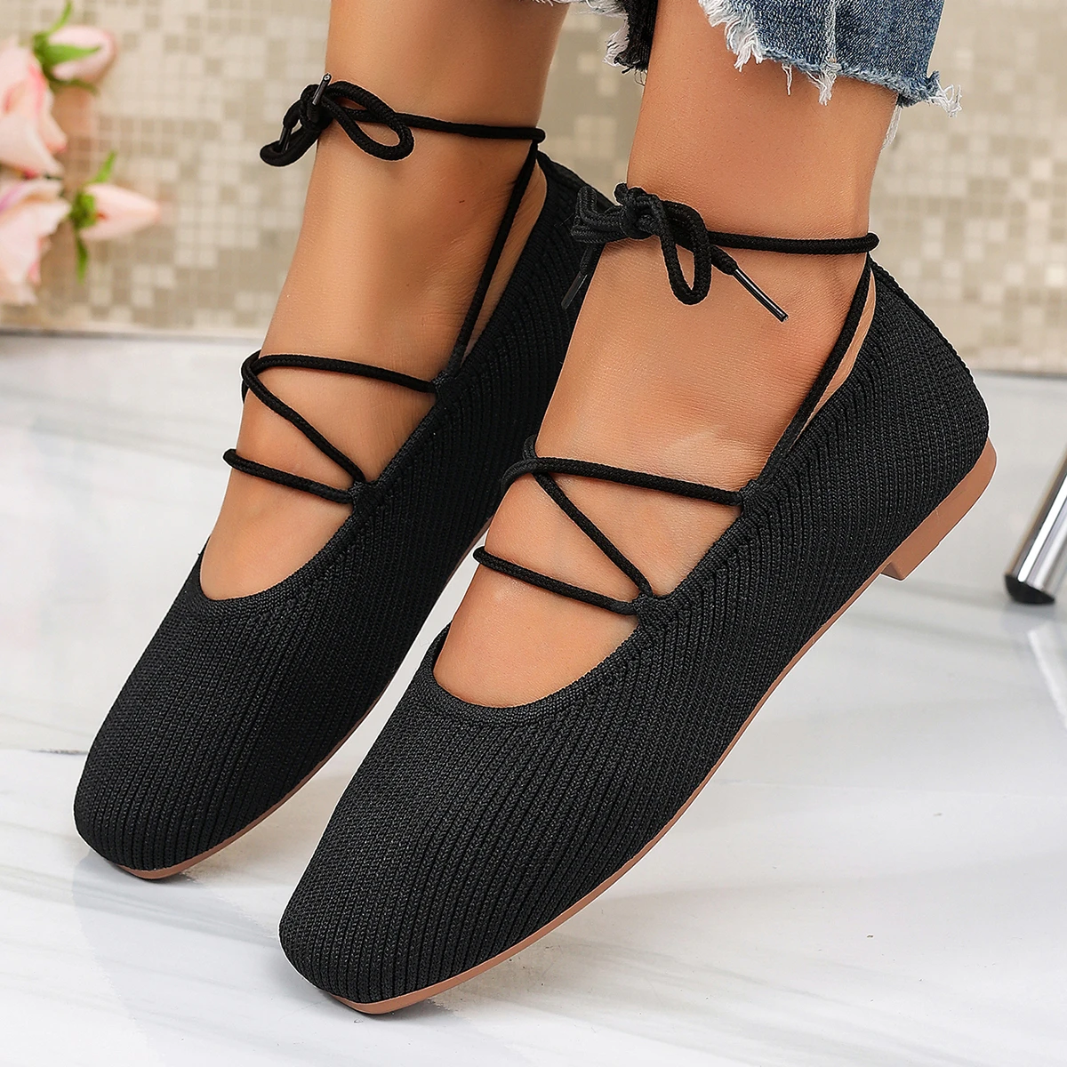 Französische flache Schuhe 2026 Sommer Neu Runde Zehenpartie Atmungsaktive Leichte Ballett-Strick-Freizeitschuhe Bequeme Damenschuhe – Detail 2