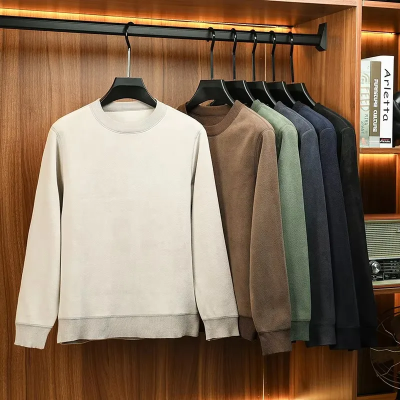 

High end velvet warm round neck sweater men's winter new fashion simple solid color Korean youth comfortable sports pullover